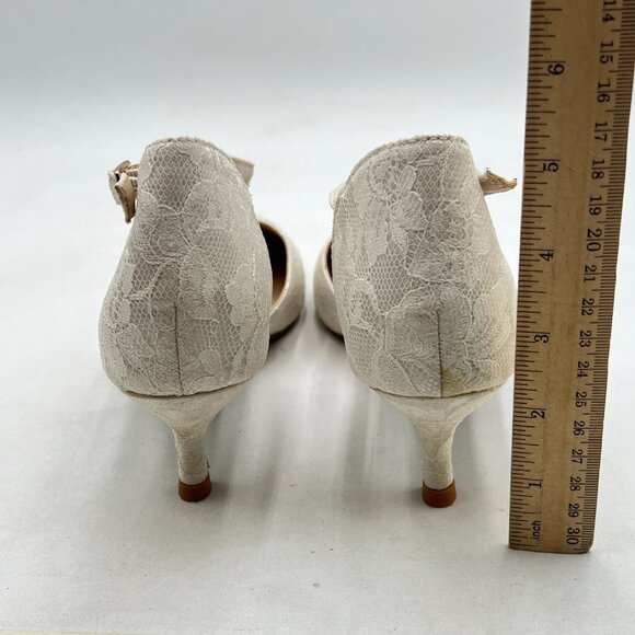 FSJ White Lace Round Toe Kitten Heel Ankle Strap Pump Office Prom Dress Shoes - Picture 4 of 7